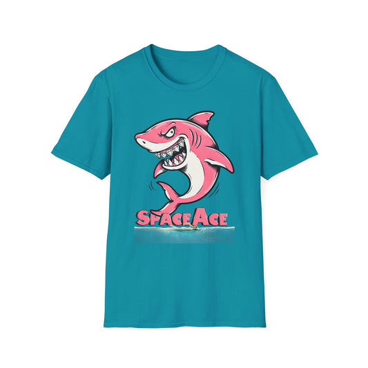 Space Ace Jawsy Shark T-Shirt — Retro Cartoon Pink Shark Graphic Tee, Bold Shark Art Shirt