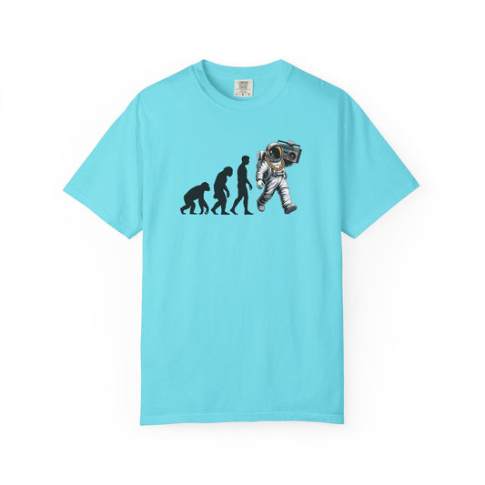 Evolution of Man and Boombox T-Shirt — Astronaut Evolution Chart Garment Dyed Graphic Tee, Science Humor Shirt