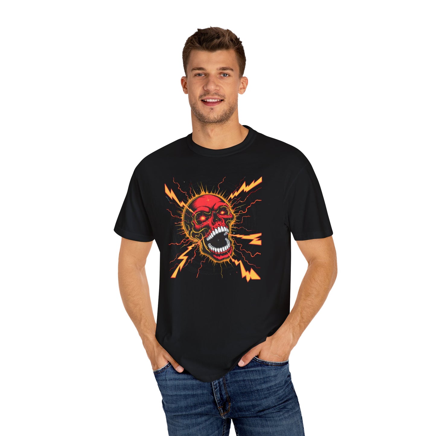 Electric Skull RED, Garment-Dyed Graphic Tee for Music Lovers, Halloween, Festival Wear