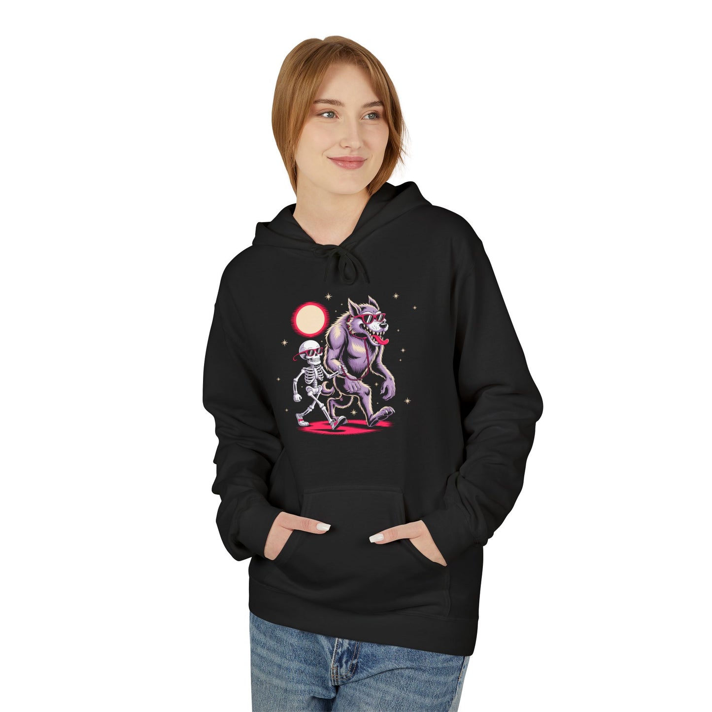 Spooky Friends Hoodie - Quirky Skeleton & Werewolf Design, Halloween Hoodie, Funny Graphic Hoodie