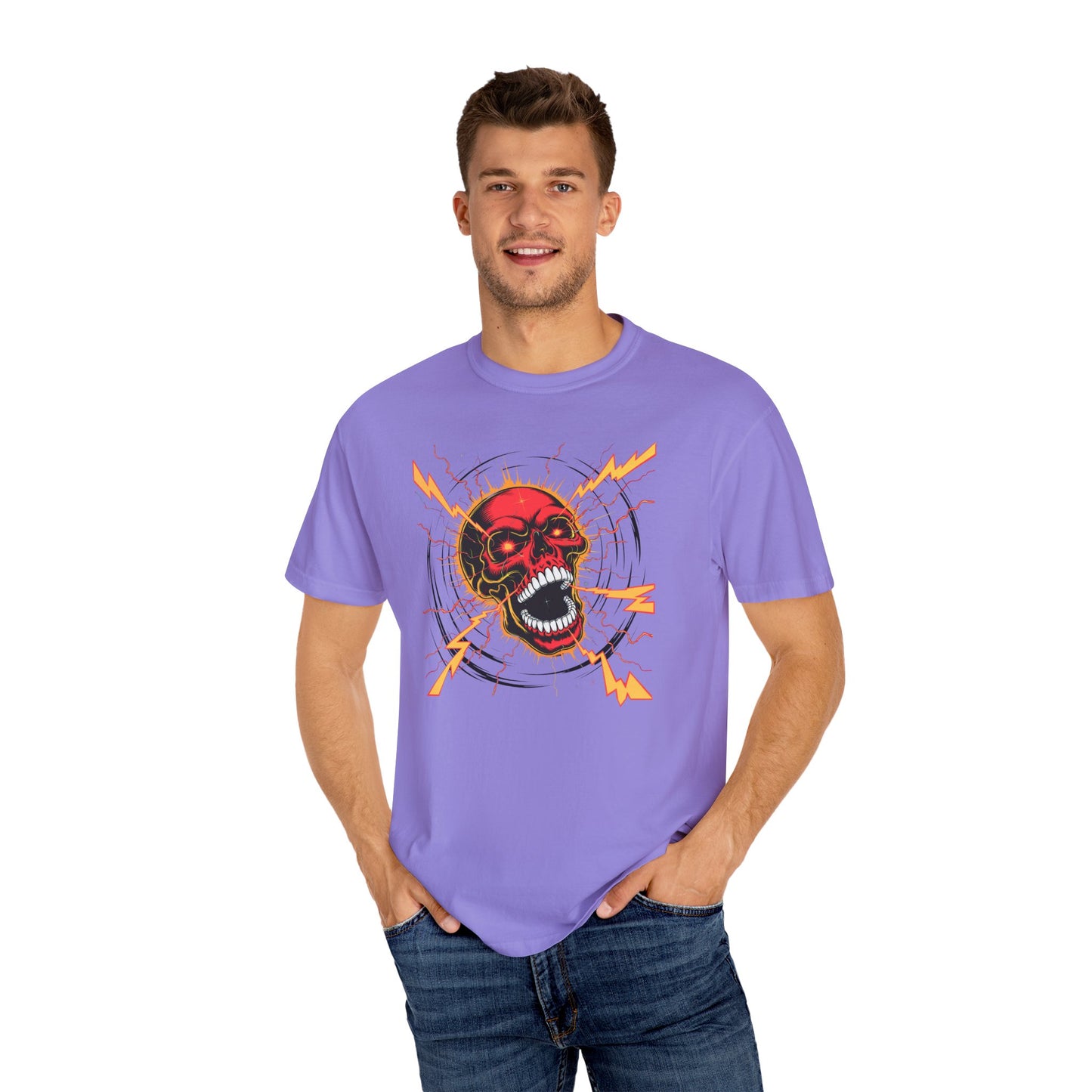Electric Skull RED, Garment-Dyed Graphic Tee for Music Lovers, Halloween, Festival Wear