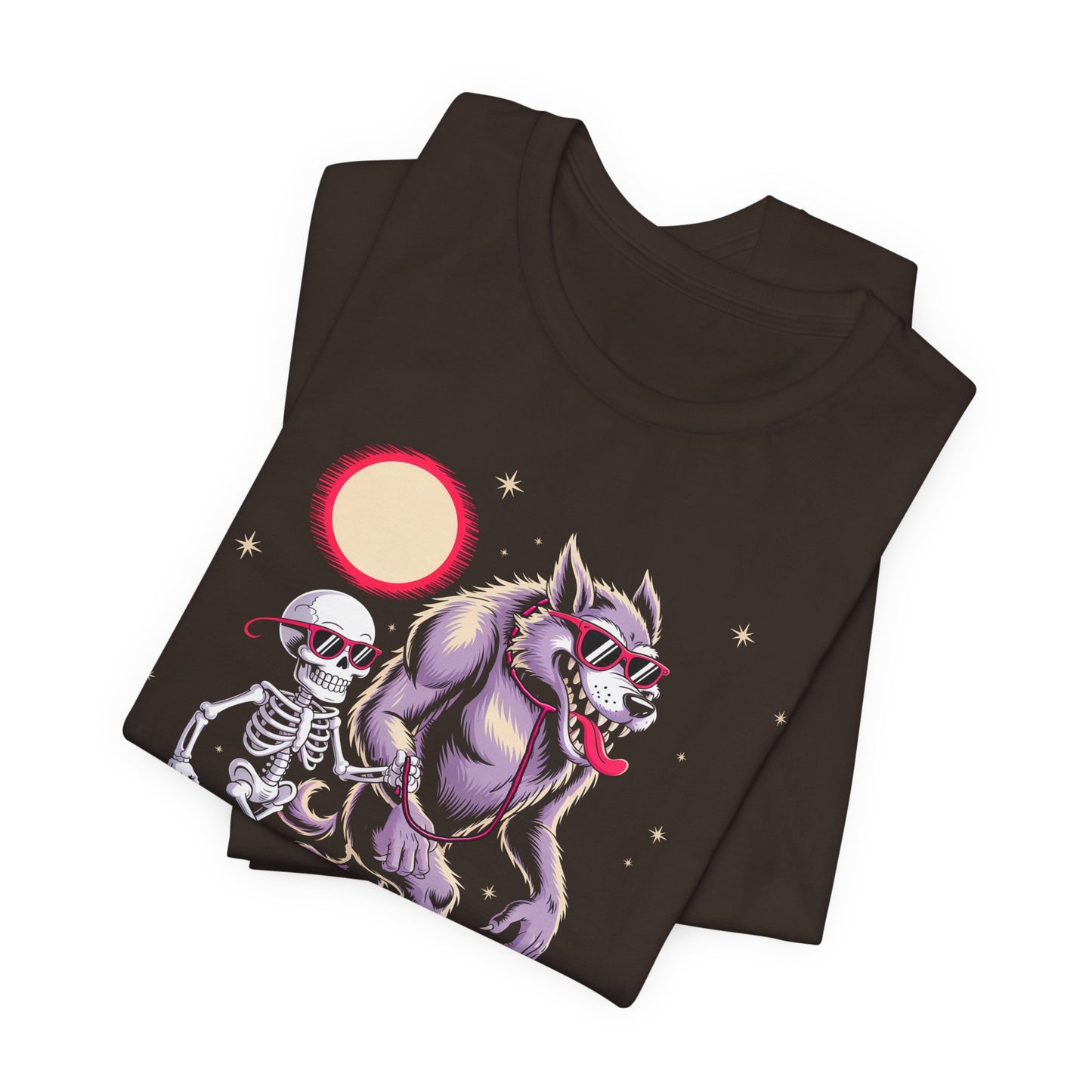 Spooky Dog Walk - Skeleton & Werewolf Design, Halloween Shirt, Funny Graphic Tee, Unisex Casual Wear, Unique Gift Idea