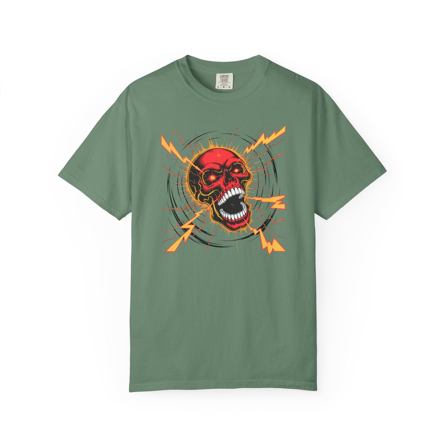 Electric Skull RED, Garment-Dyed Graphic Tee for Music Lovers, Halloween, Festival Wear