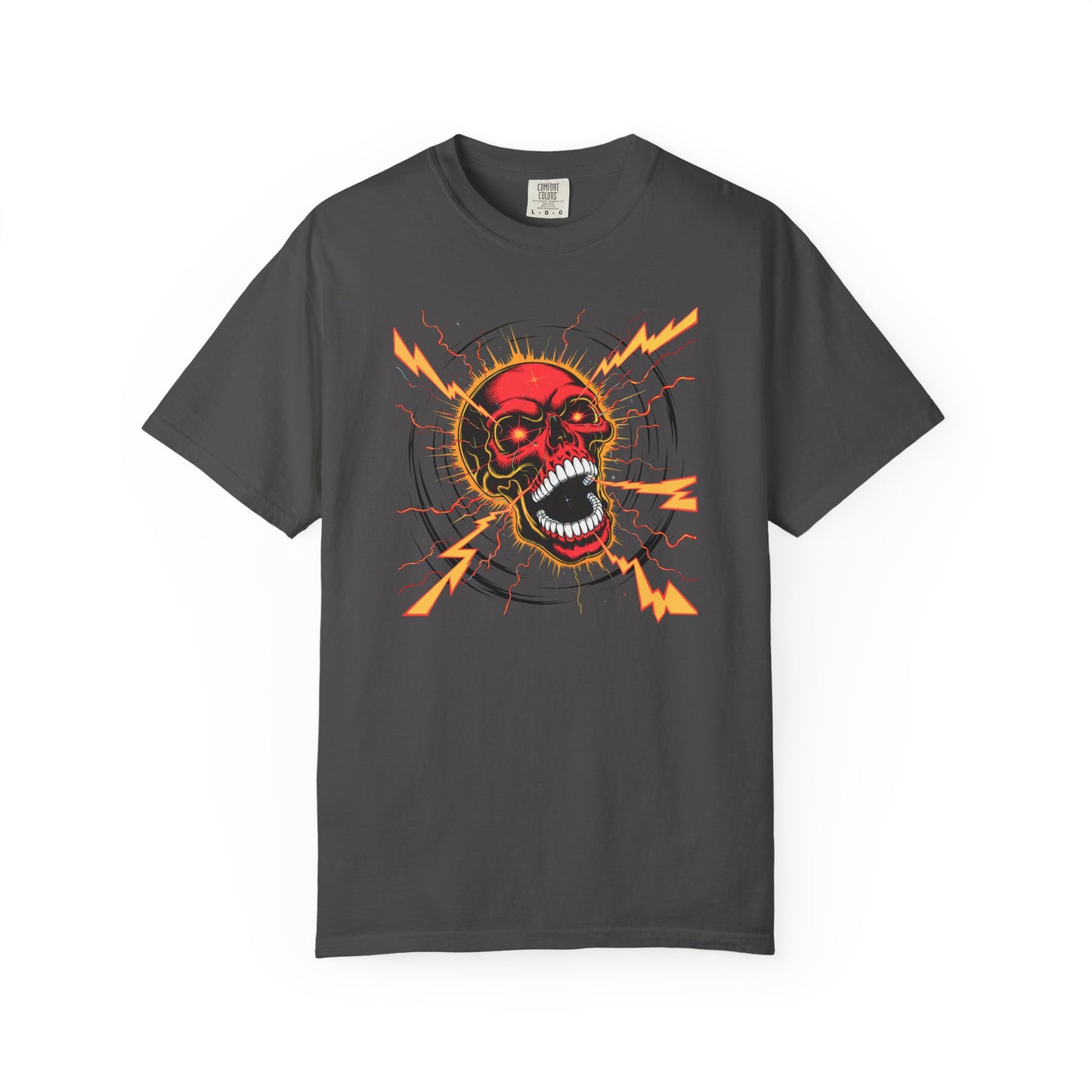 Electric Skull RED, Garment-Dyed Graphic Tee for Music Lovers, Halloween, Festival Wear