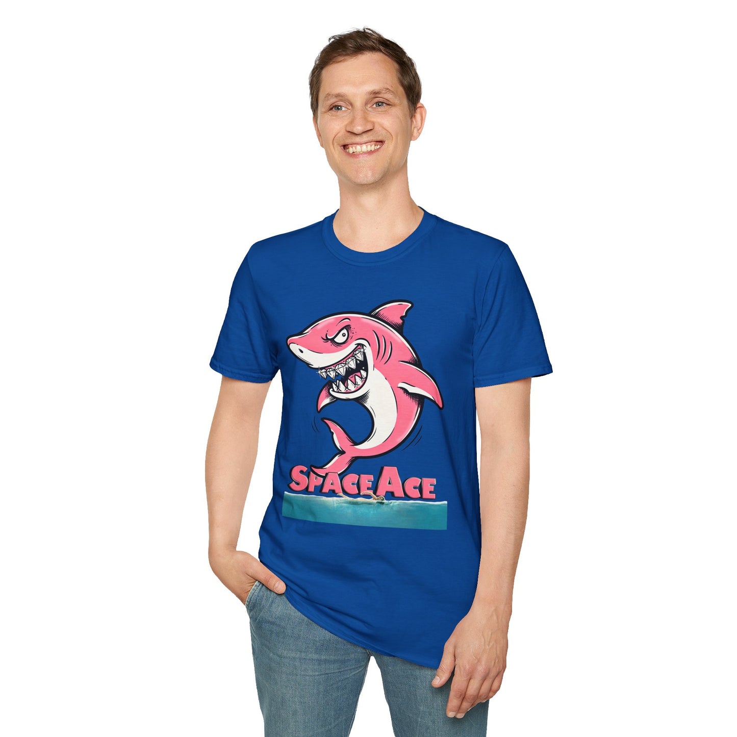 Space Ace Jawsy Shark T-Shirt — Retro Cartoon Pink Shark Graphic Tee, Bold Shark Art Shirt