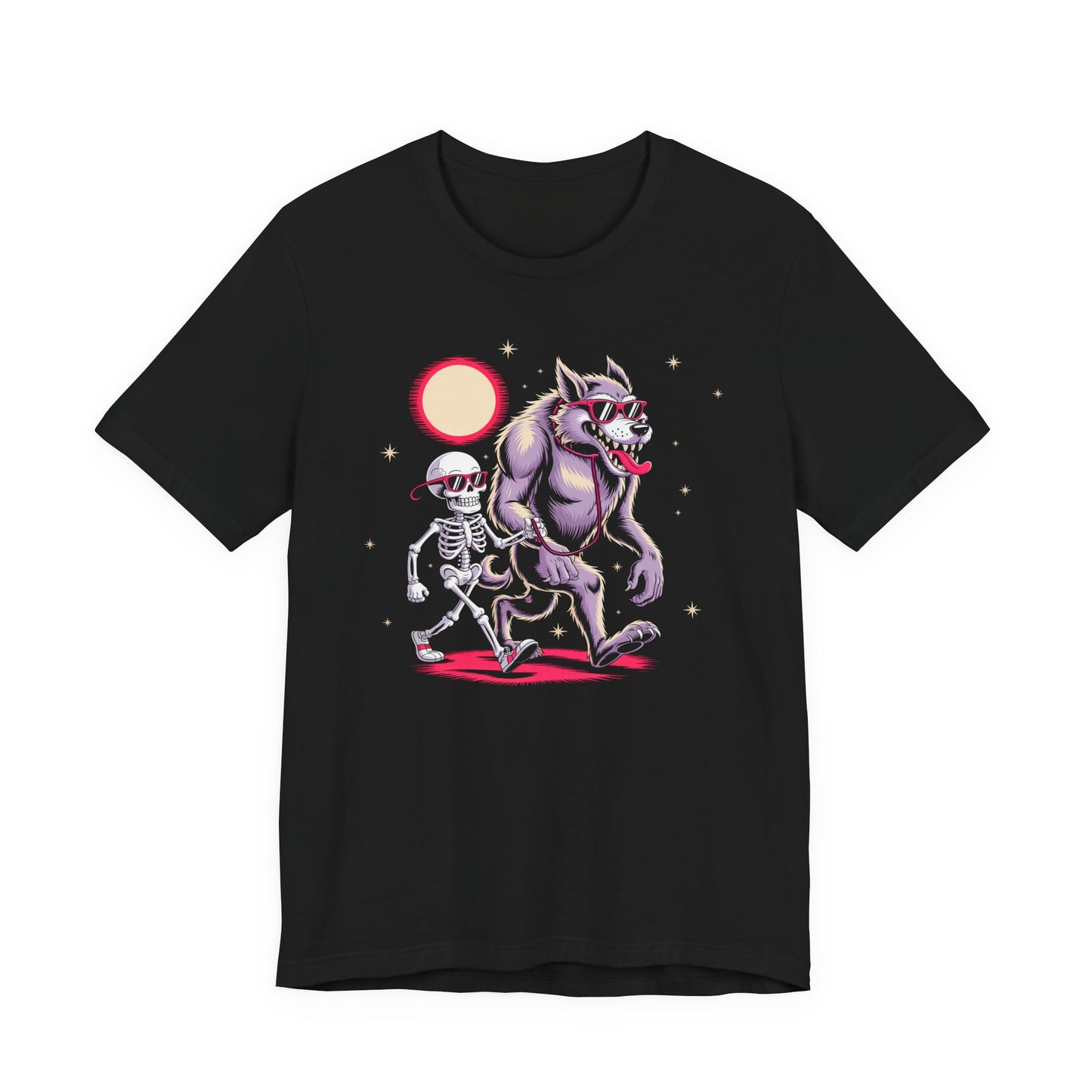Spooky Dog Walk - Skeleton & Werewolf Design, Halloween Shirt, Funny Graphic Tee, Unisex Casual Wear, Unique Gift Idea