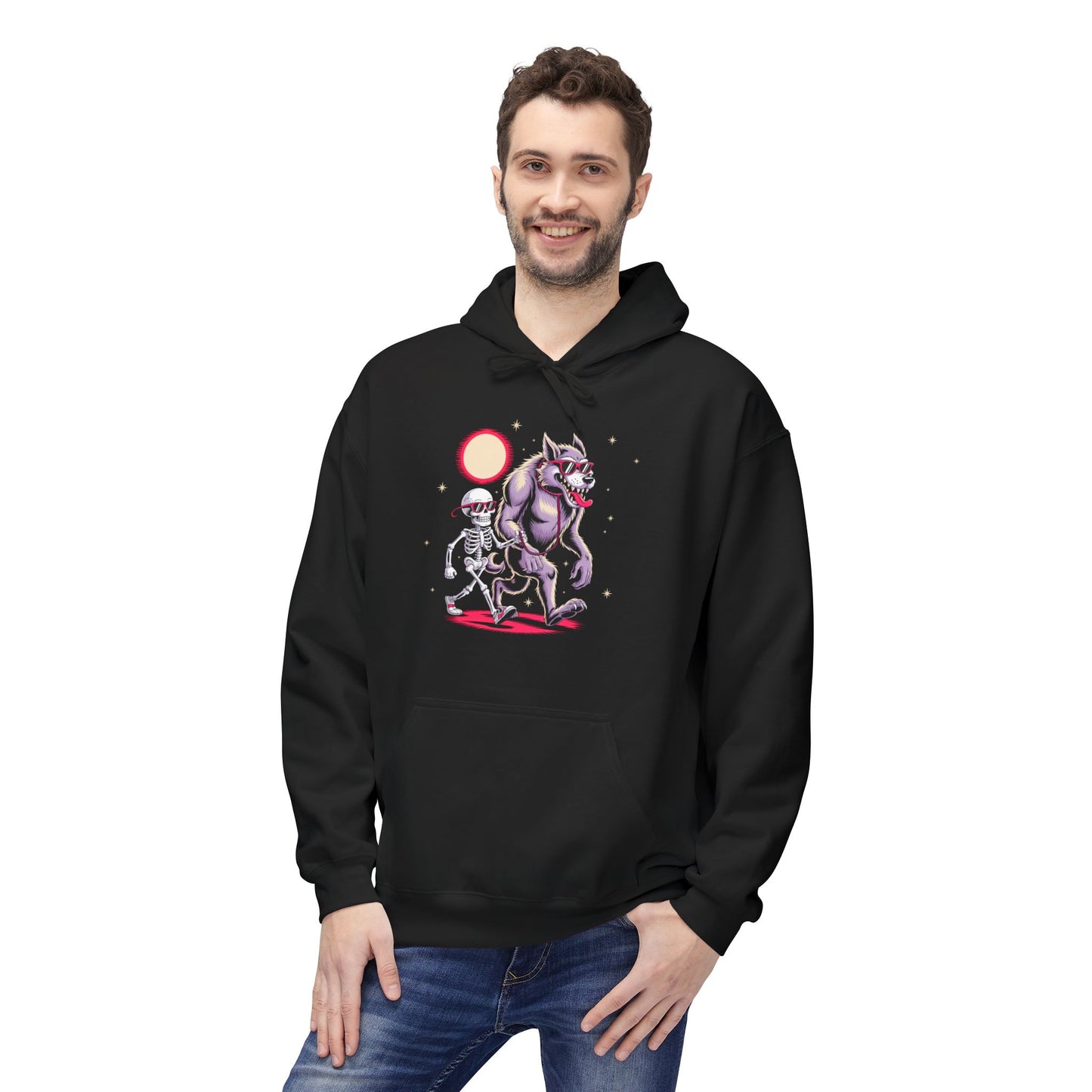 Spooky Friends Hoodie - Quirky Skeleton & Werewolf Design, Halloween Hoodie, Funny Graphic Hoodie