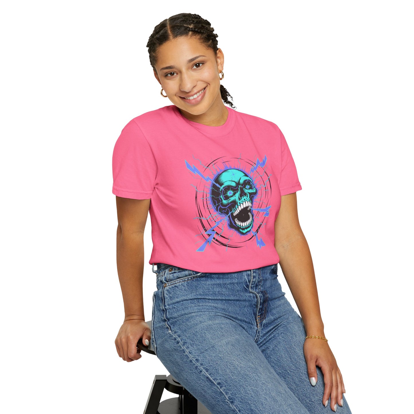 Electric Skull BLUE, Garment-Dyed Graphic Tee for Music Lovers, Halloween, Festival Wear