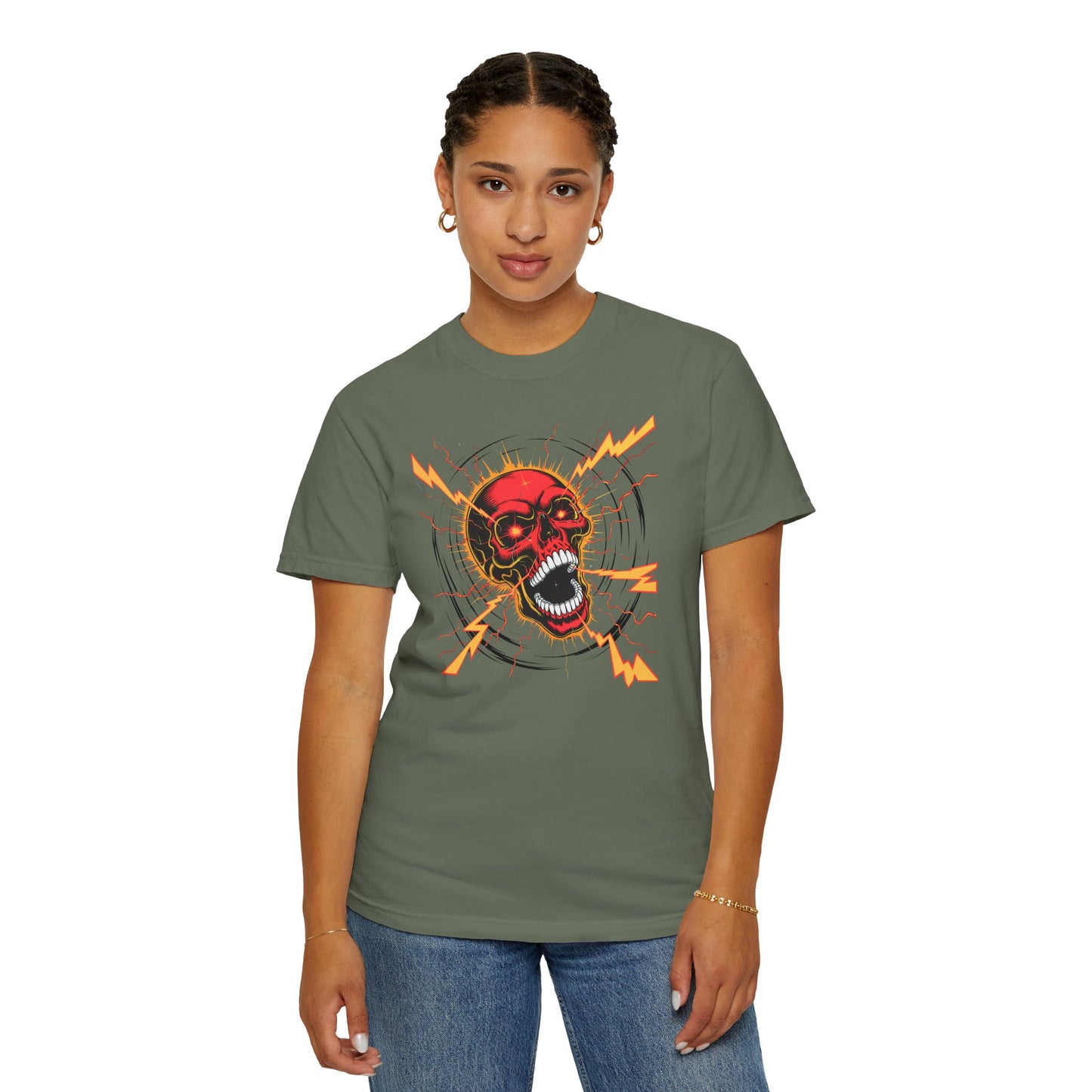 Electric Skull RED, Garment-Dyed Graphic Tee for Music Lovers, Halloween, Festival Wear