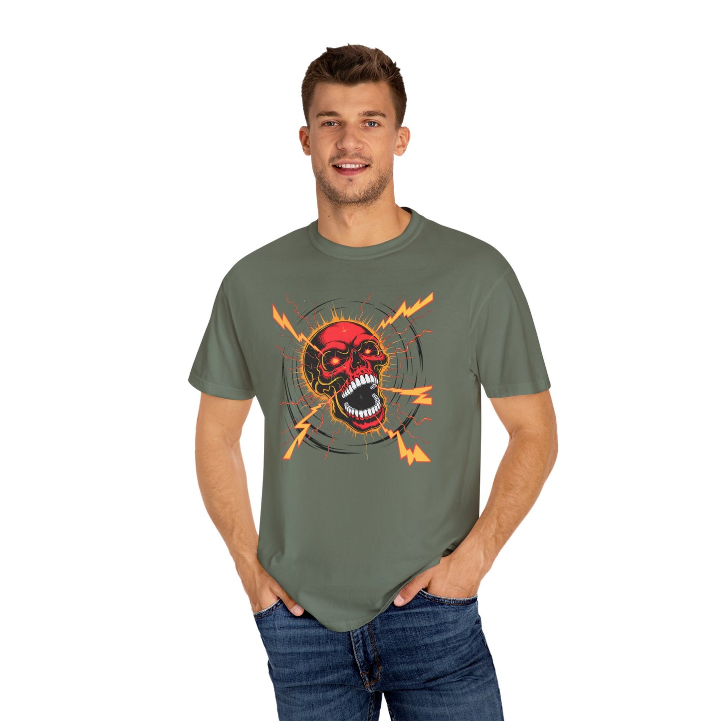 Electric Skull RED, Garment-Dyed Graphic Tee for Music Lovers, Halloween, Festival Wear