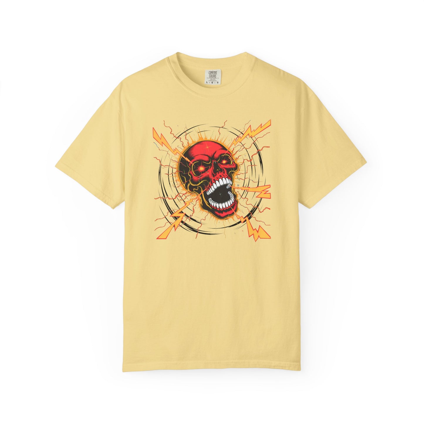 Electric Skull RED, Garment-Dyed Graphic Tee for Music Lovers, Halloween, Festival Wear