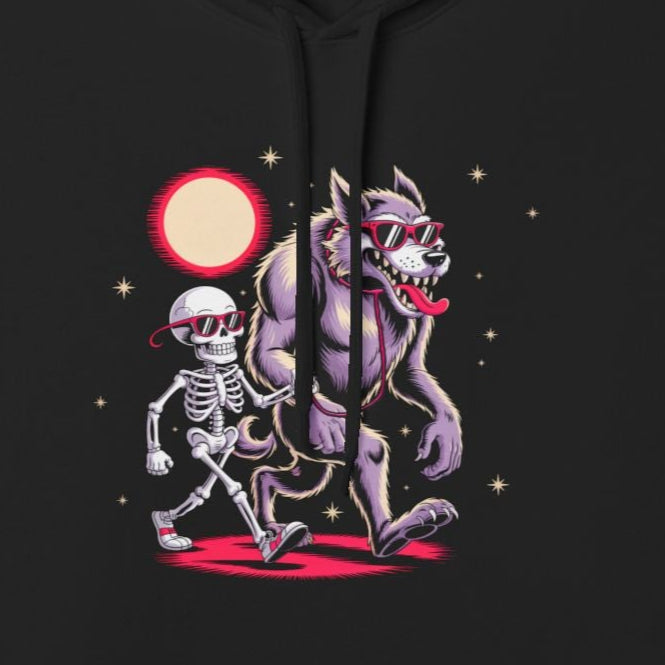 Spooky Friends Hoodie - Quirky Skeleton & Werewolf Design, Halloween Hoodie, Funny Graphic Hoodie