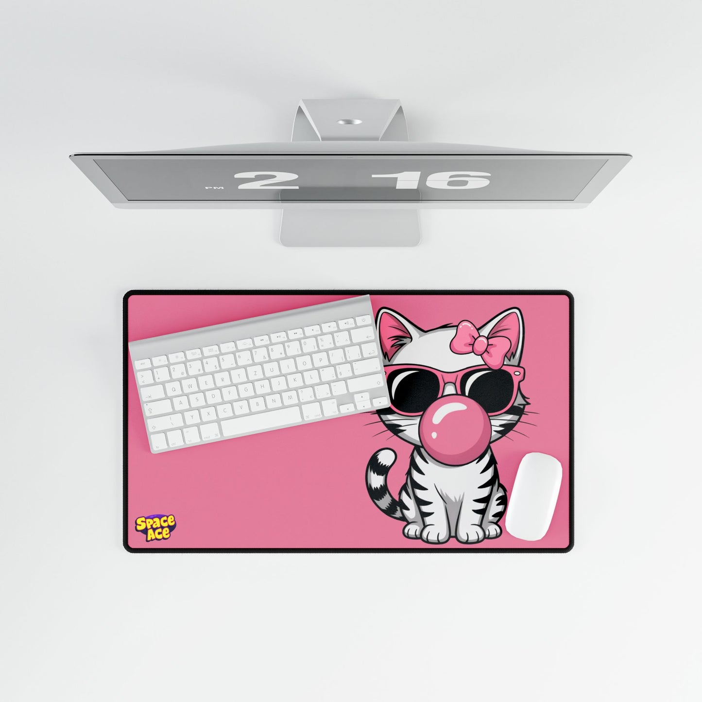 Bubblegum Cat Desk Mat - Pink Cat with Sunglasses Mouse Pad