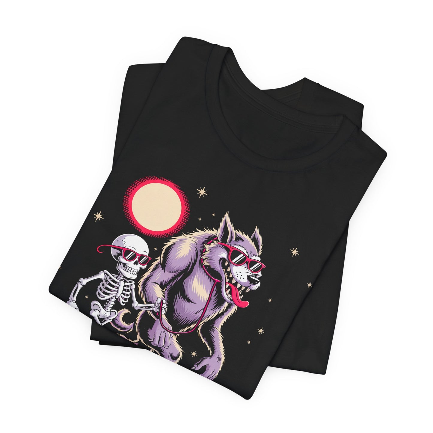 Spooky Dog Walk - Skeleton & Werewolf Design, Halloween Shirt, Funny Graphic Tee, Unisex Casual Wear, Unique Gift Idea