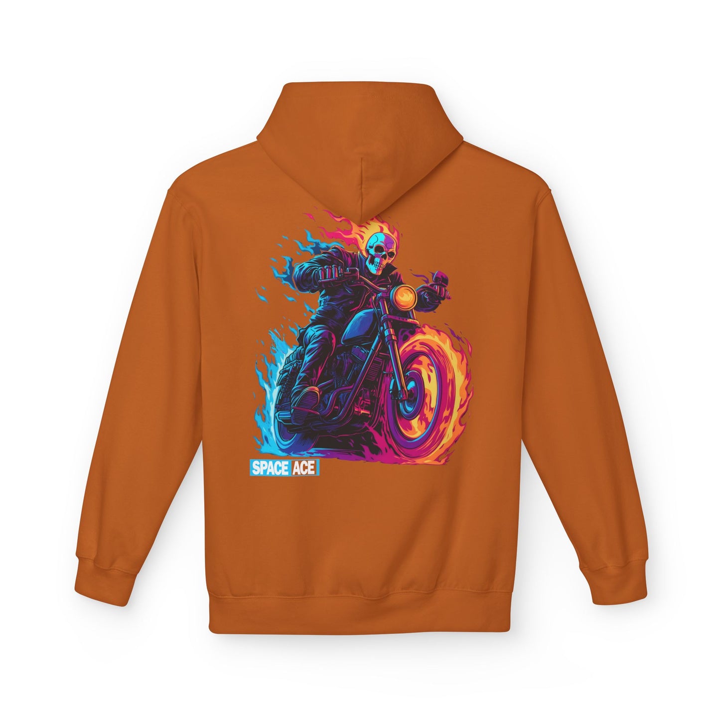 Space Ace Neon Skull Biker Hoodie — Flaming Motorcycle Graphic Sweatshirt