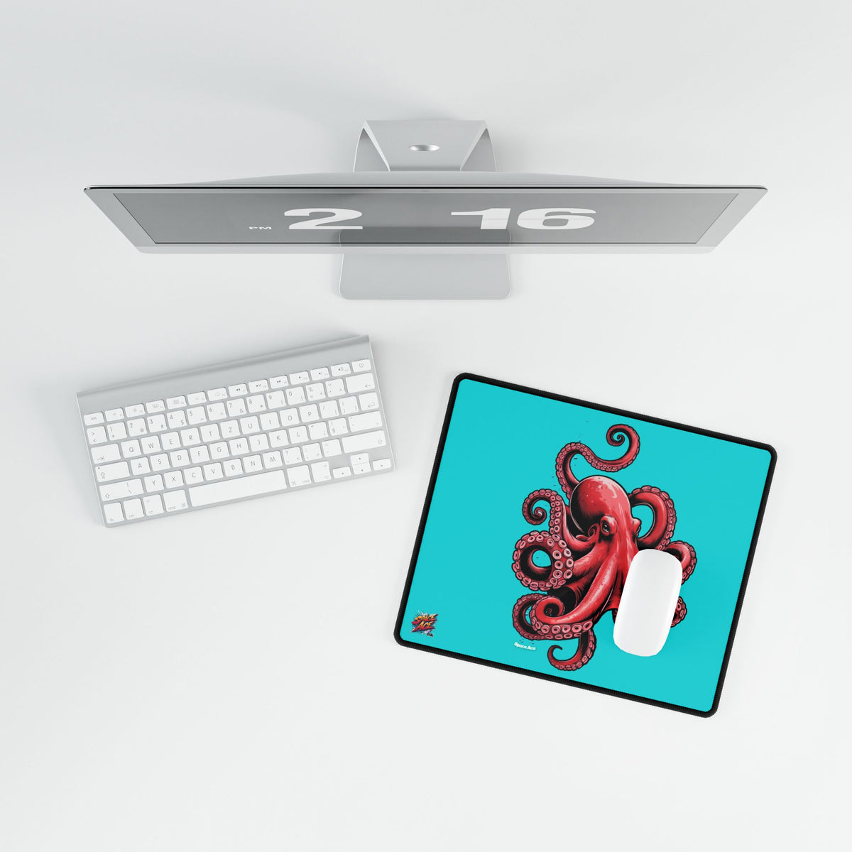 Red Octopus Illustration Desk Mat - Black Gaming Mousepad
