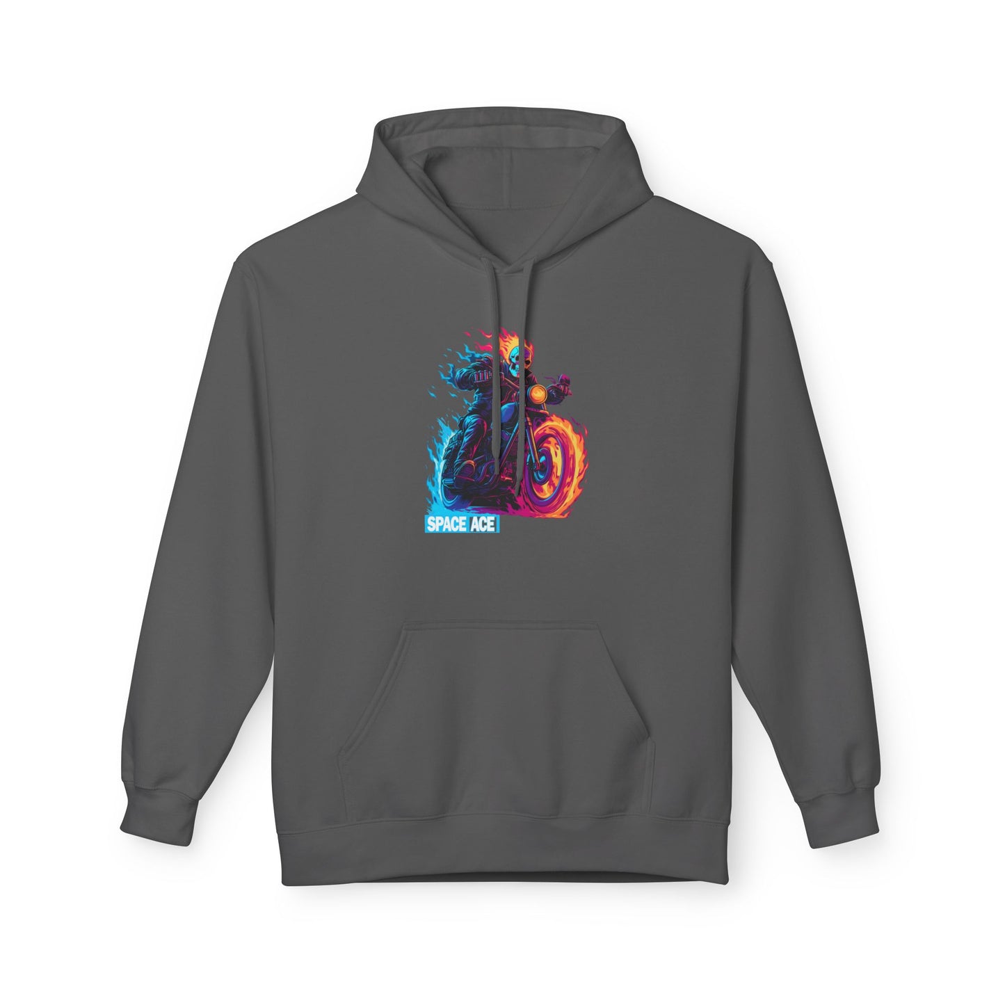 Space Ace Neon Skull Biker Hoodie — Flaming Motorcycle Graphic Sweatshirt