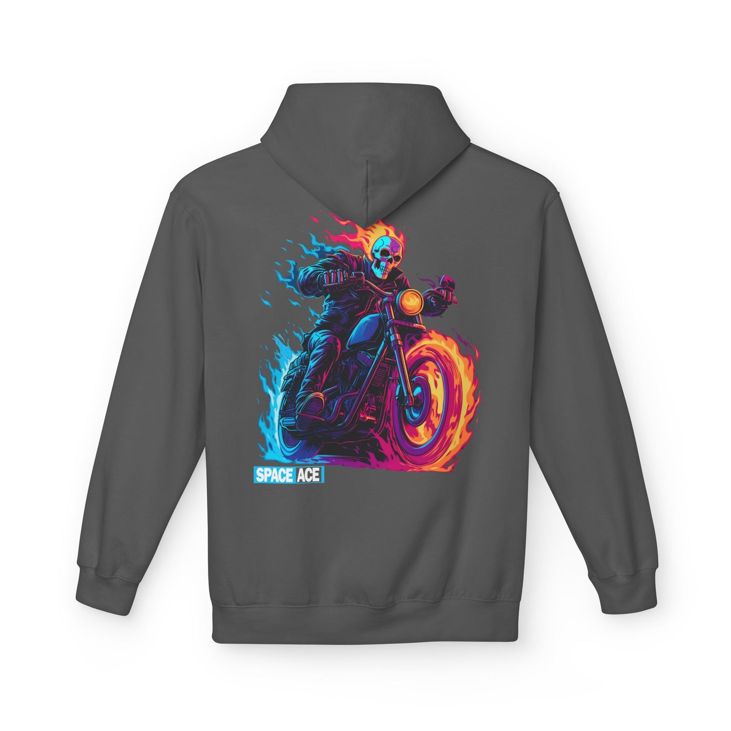 Space Ace Neon Skull Biker Hoodie — Flaming Motorcycle Graphic Sweatshirt