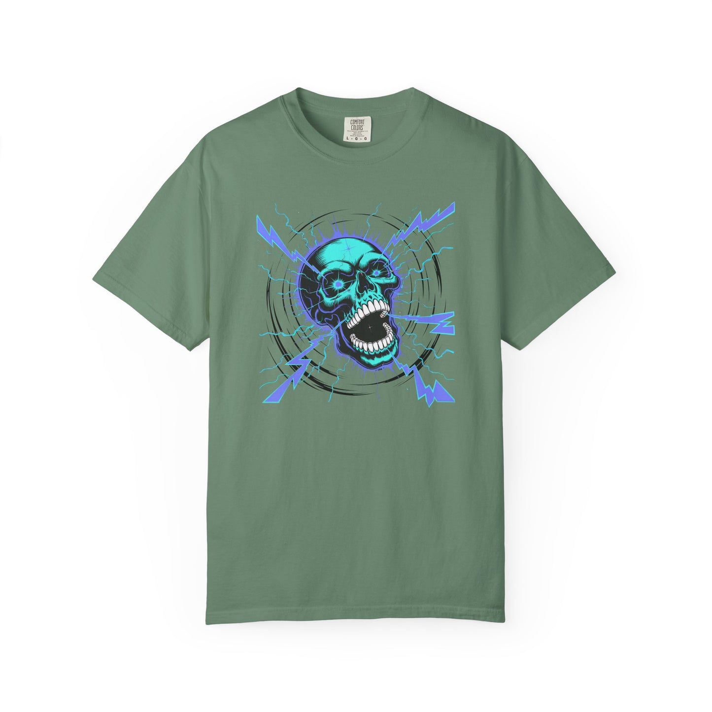 Electric Skull BLUE, Garment-Dyed Graphic Tee for Music Lovers, Halloween, Festival Wear