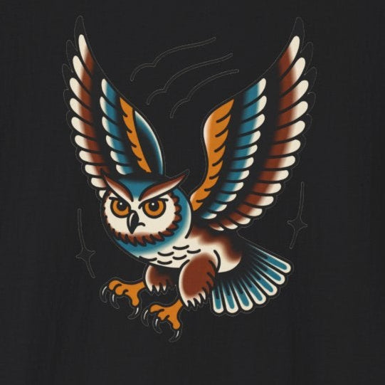 Vintage Owl Illustration T-Shirt - Flying Owl Tattoo Design
