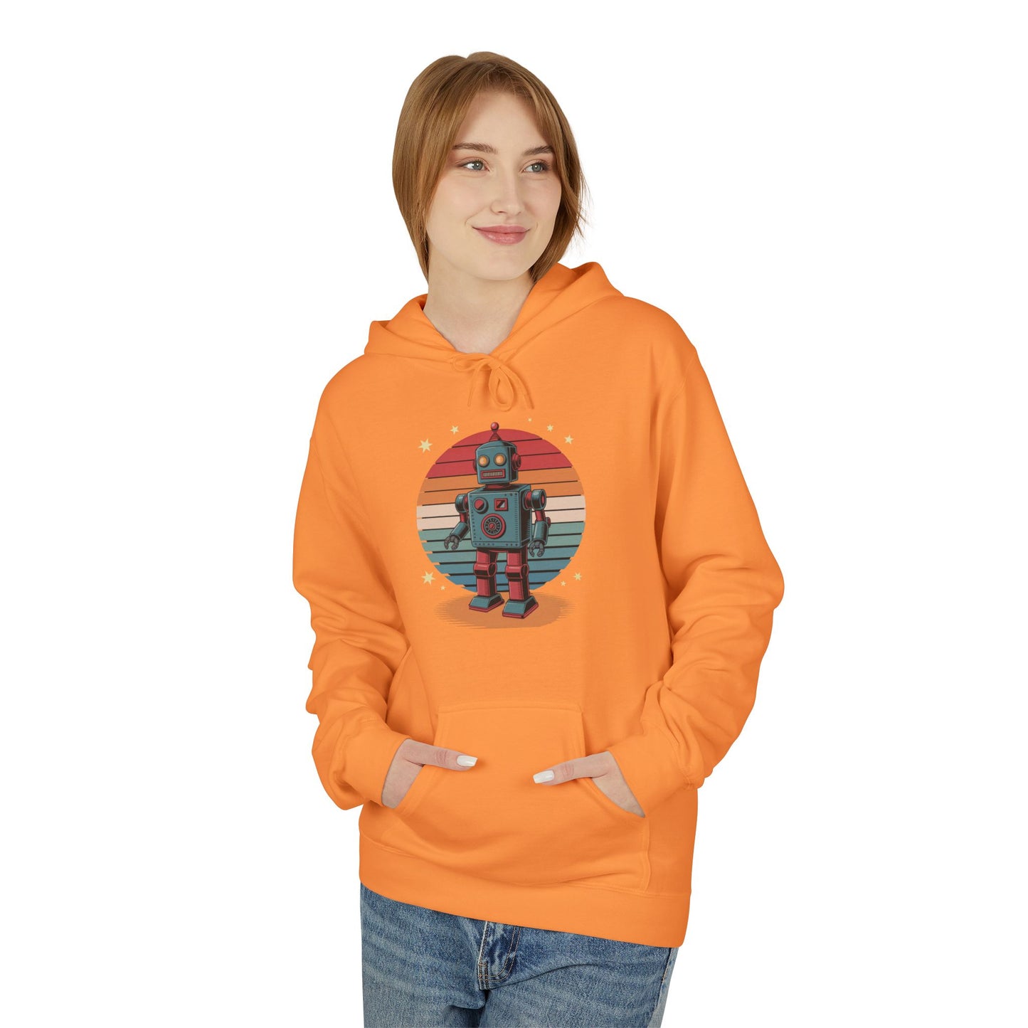 Retro Robot Hoodie – Vintage Sunset Space Toy Graphic