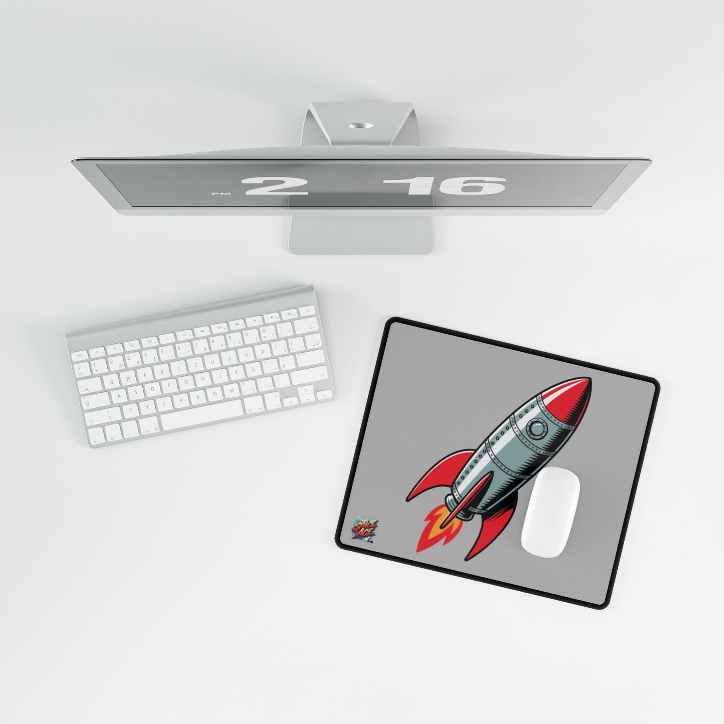 Retro Rocket Illustration Desk Mat - Space, Vintage Comic Style