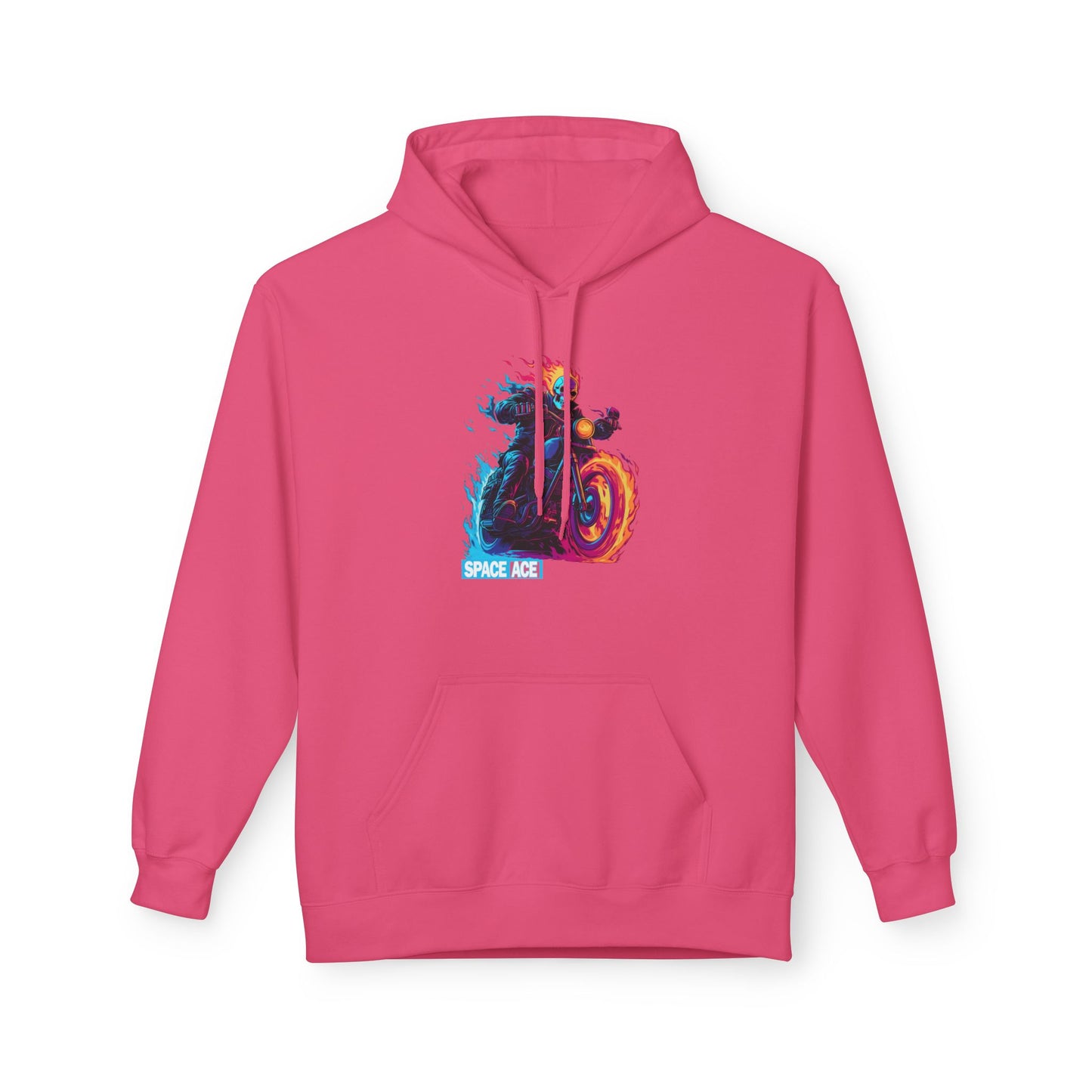 Space Ace Neon Skull Biker Hoodie — Flaming Motorcycle Graphic Sweatshirt