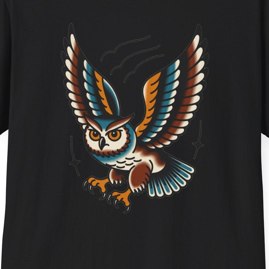 Vintage Owl Illustration T-Shirt - Flying Owl Tattoo Design