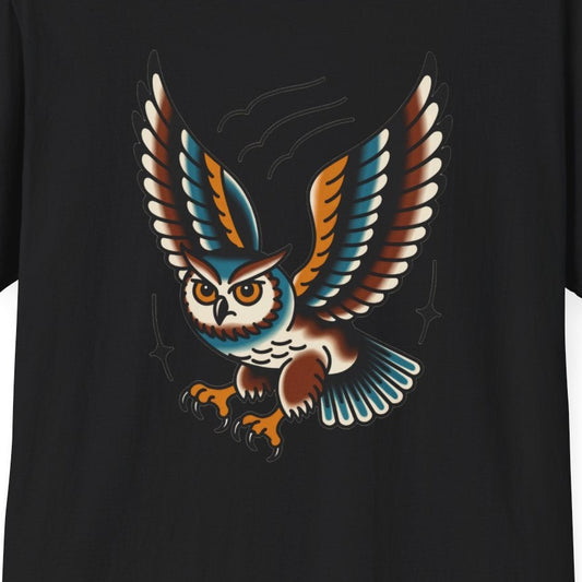 Vintage Owl Illustration T-Shirt - Flying Owl Tattoo Design