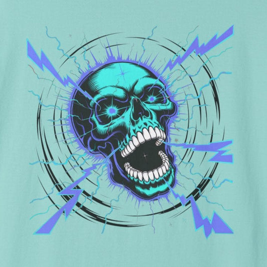 Electric Skull BLUE, Garment-Dyed Graphic Tee for Music Lovers, Halloween, Festival Wear