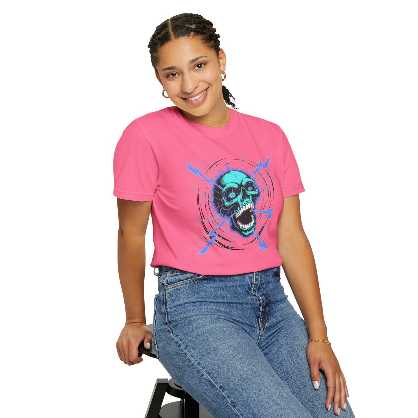 Electric Skull BLUE, Garment-Dyed Graphic Tee for Music Lovers, Halloween, Festival Wear
