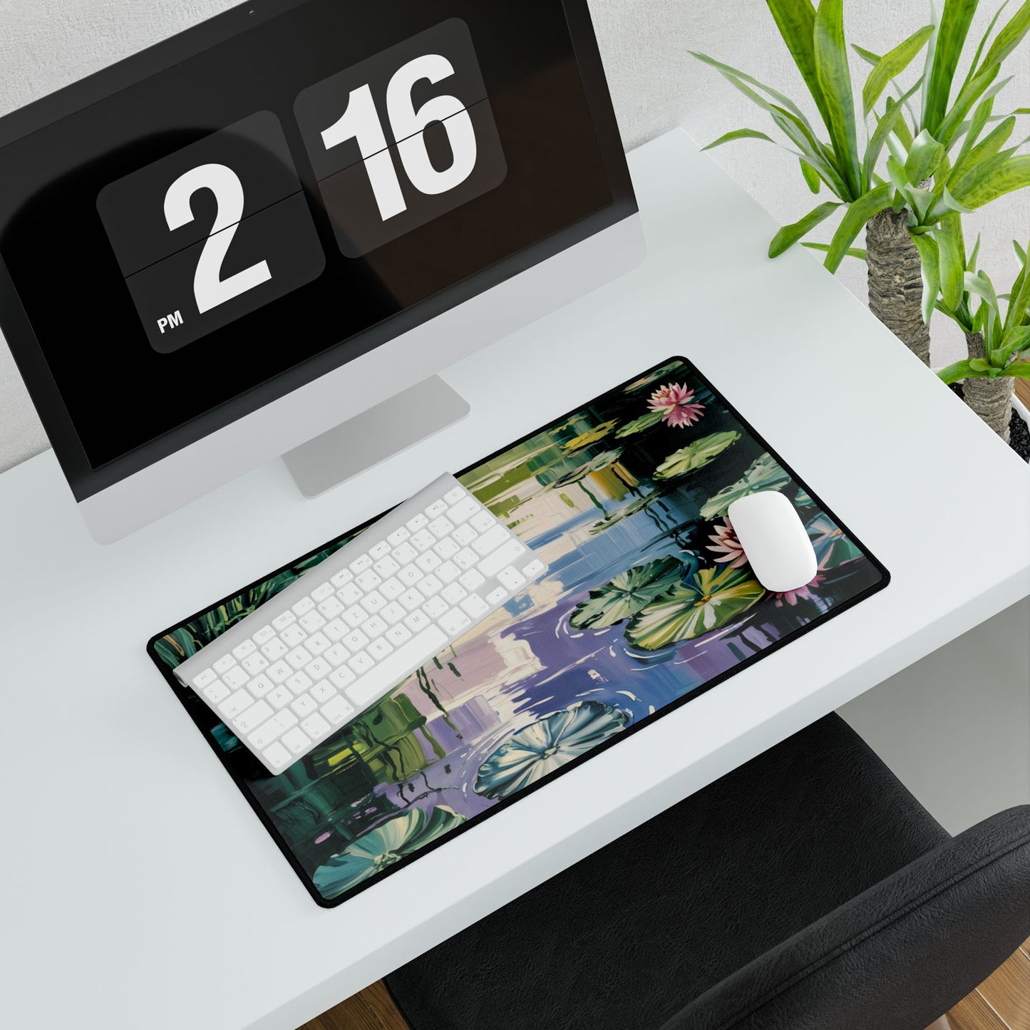 Water Lily Pond Desk Mat - Floral Illustrated Mousepad, Lily Pad Artwork
