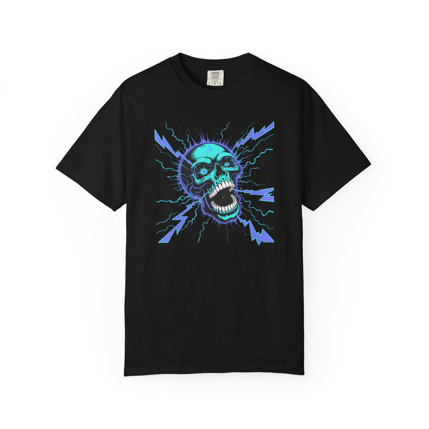 Electric Skull BLUE, Garment-Dyed Graphic Tee for Music Lovers, Halloween, Festival Wear