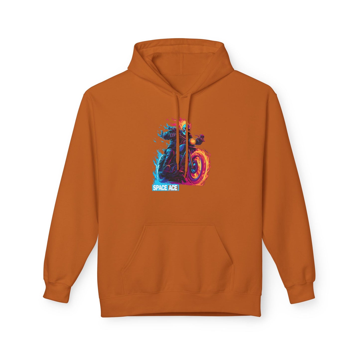 Space Ace Neon Skull Biker Hoodie — Flaming Motorcycle Graphic Sweatshirt
