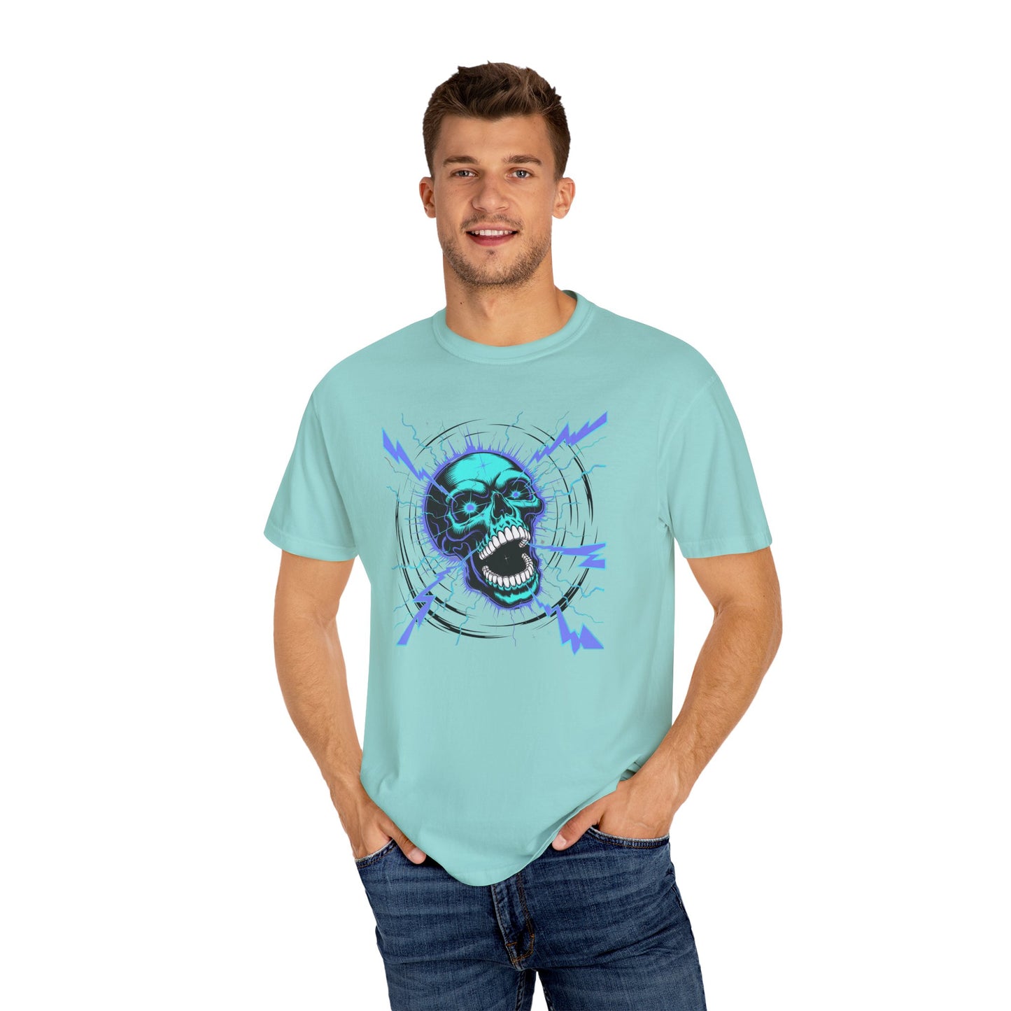 Electric Skull BLUE, Garment-Dyed Graphic Tee for Music Lovers, Halloween, Festival Wear
