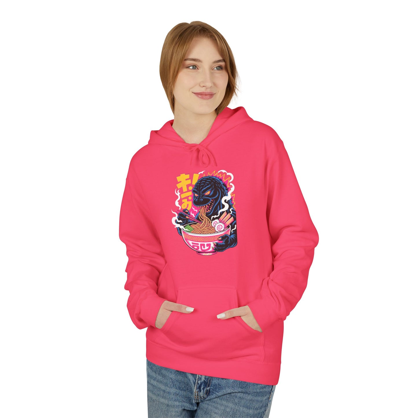 Kaiju Ramen Lover Hoodie — Neon Godzilla Eating Ramen Streetwear