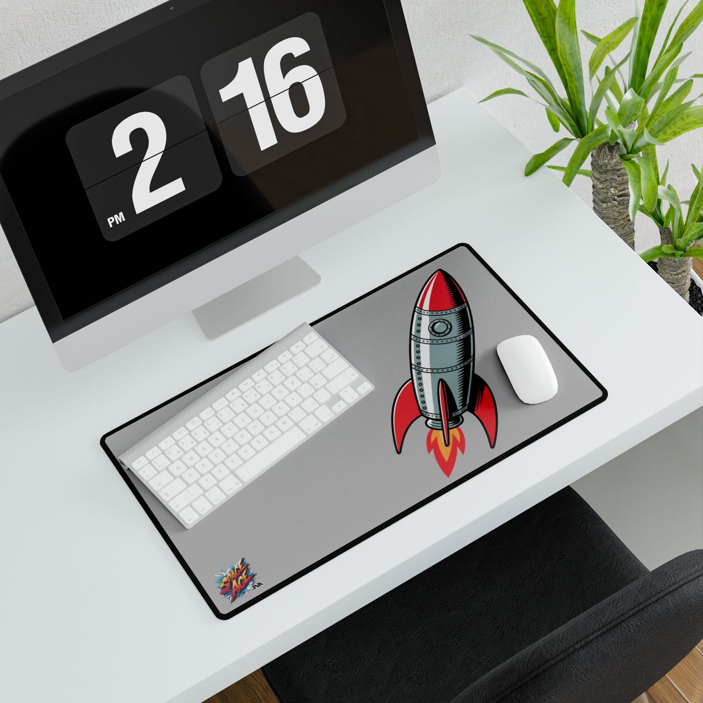 Retro Rocket Illustration Desk Mat - Space, Vintage Comic Style