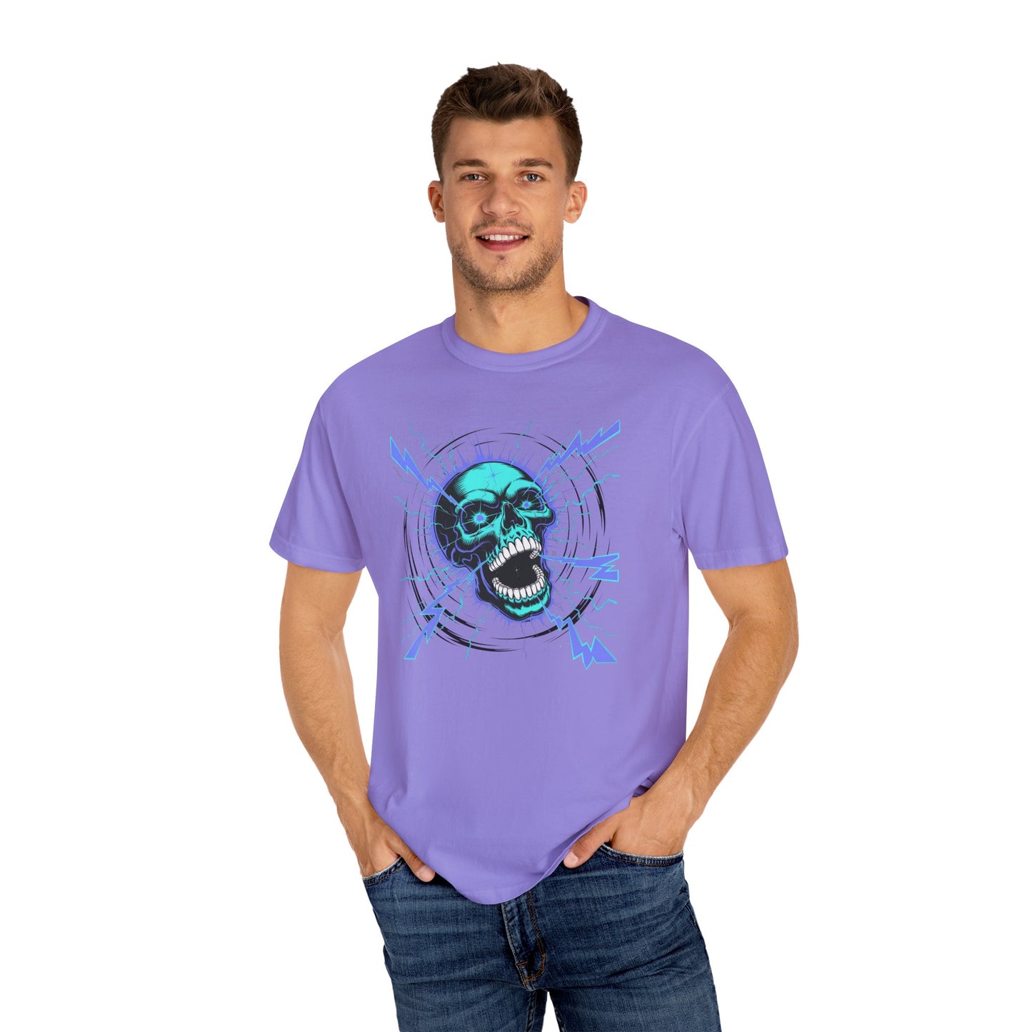 Electric Skull BLUE, Garment-Dyed Graphic Tee for Music Lovers, Halloween, Festival Wear