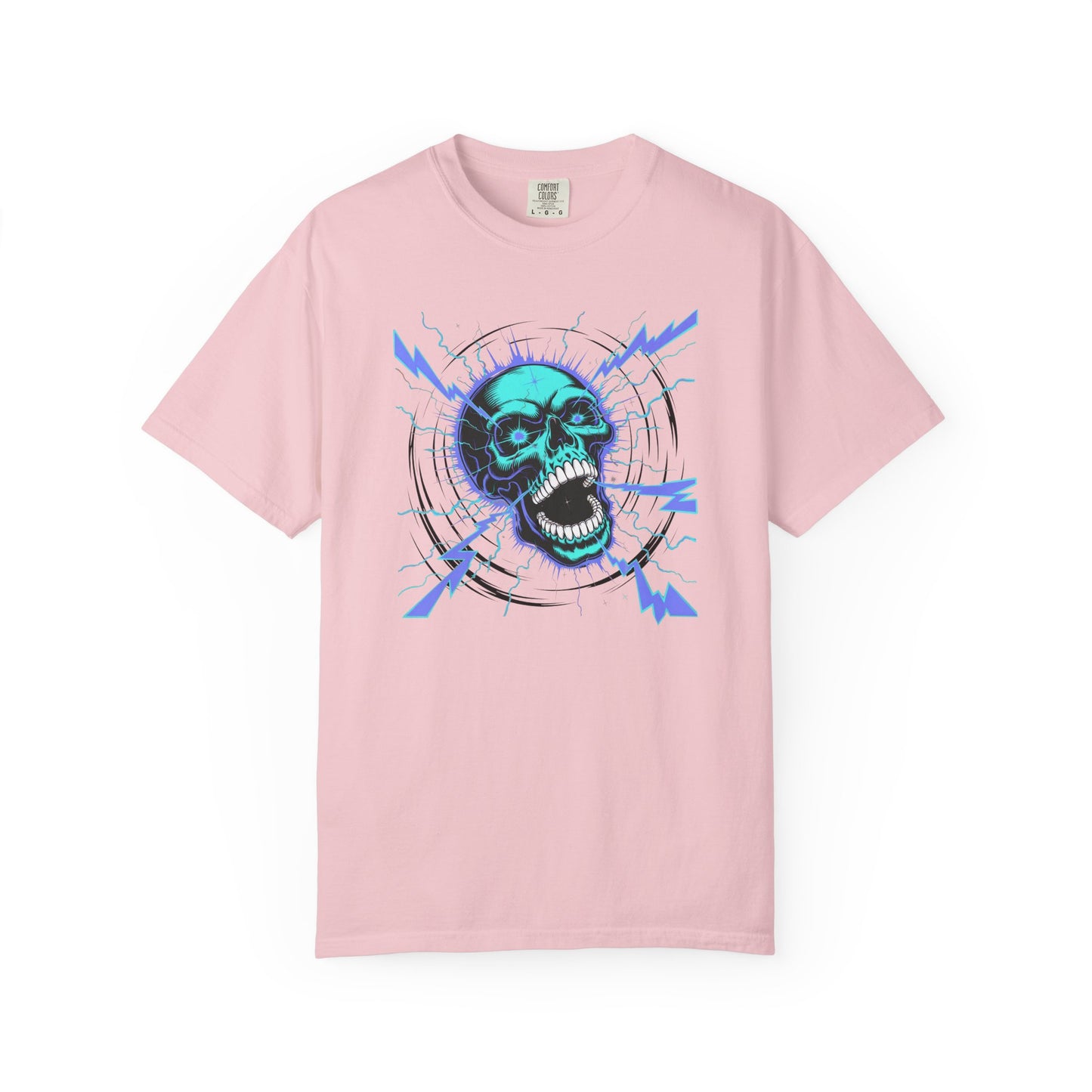 Electric Skull BLUE, Garment-Dyed Graphic Tee for Music Lovers, Halloween, Festival Wear