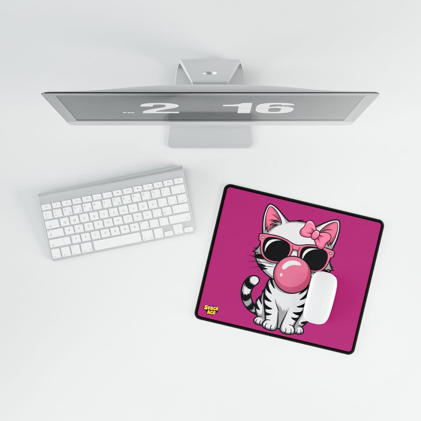 Bubblegum Cat Desk Mat - Pink Cat with Sunglasses Mouse Pad