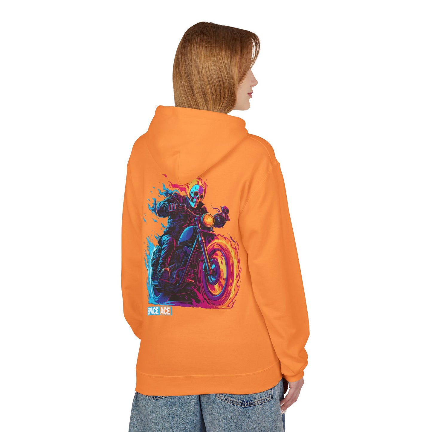 Space Ace Neon Skull Biker Hoodie — Flaming Motorcycle Graphic Sweatshirt