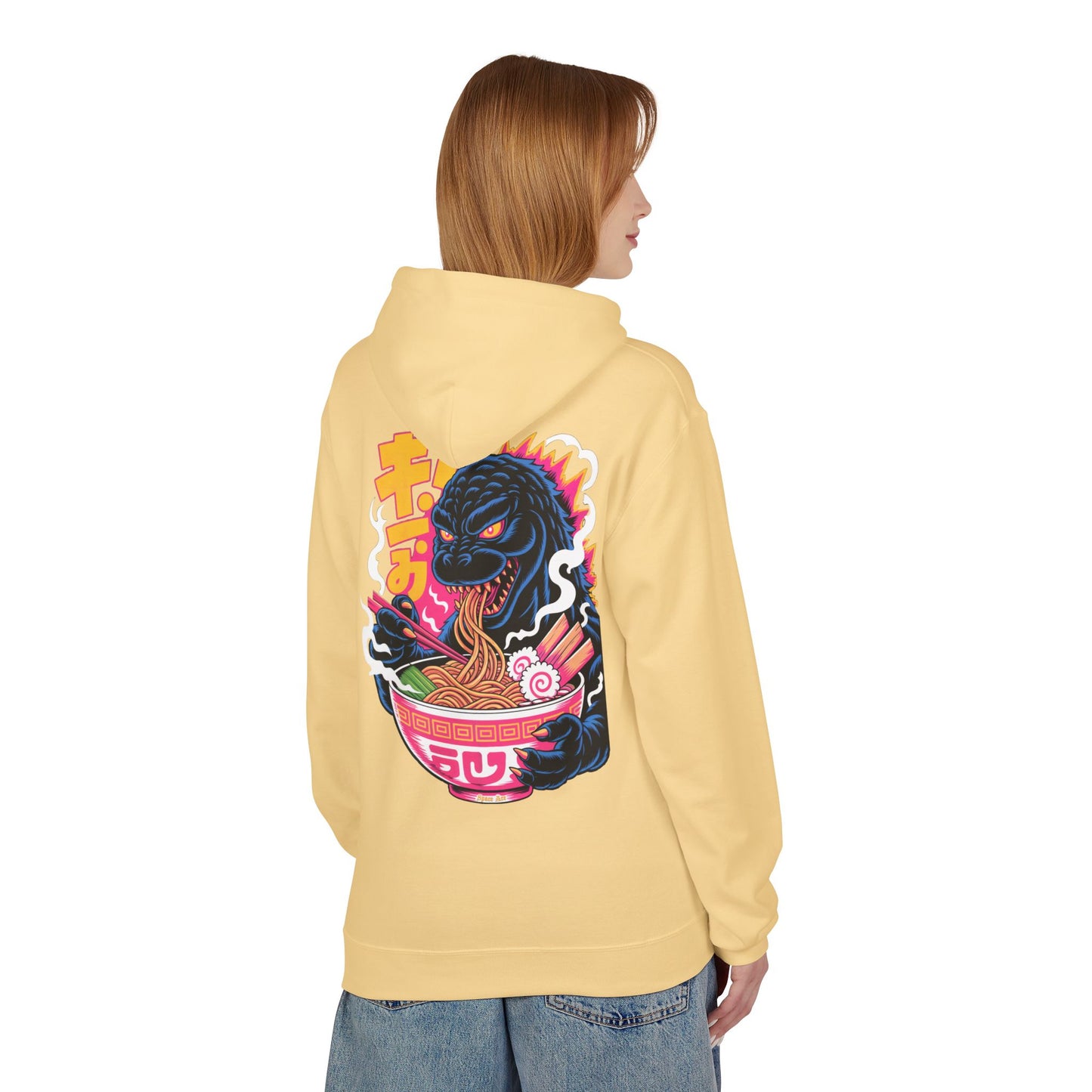 Kaiju Ramen Lover Hoodie — Neon Godzilla Eating Ramen Streetwear