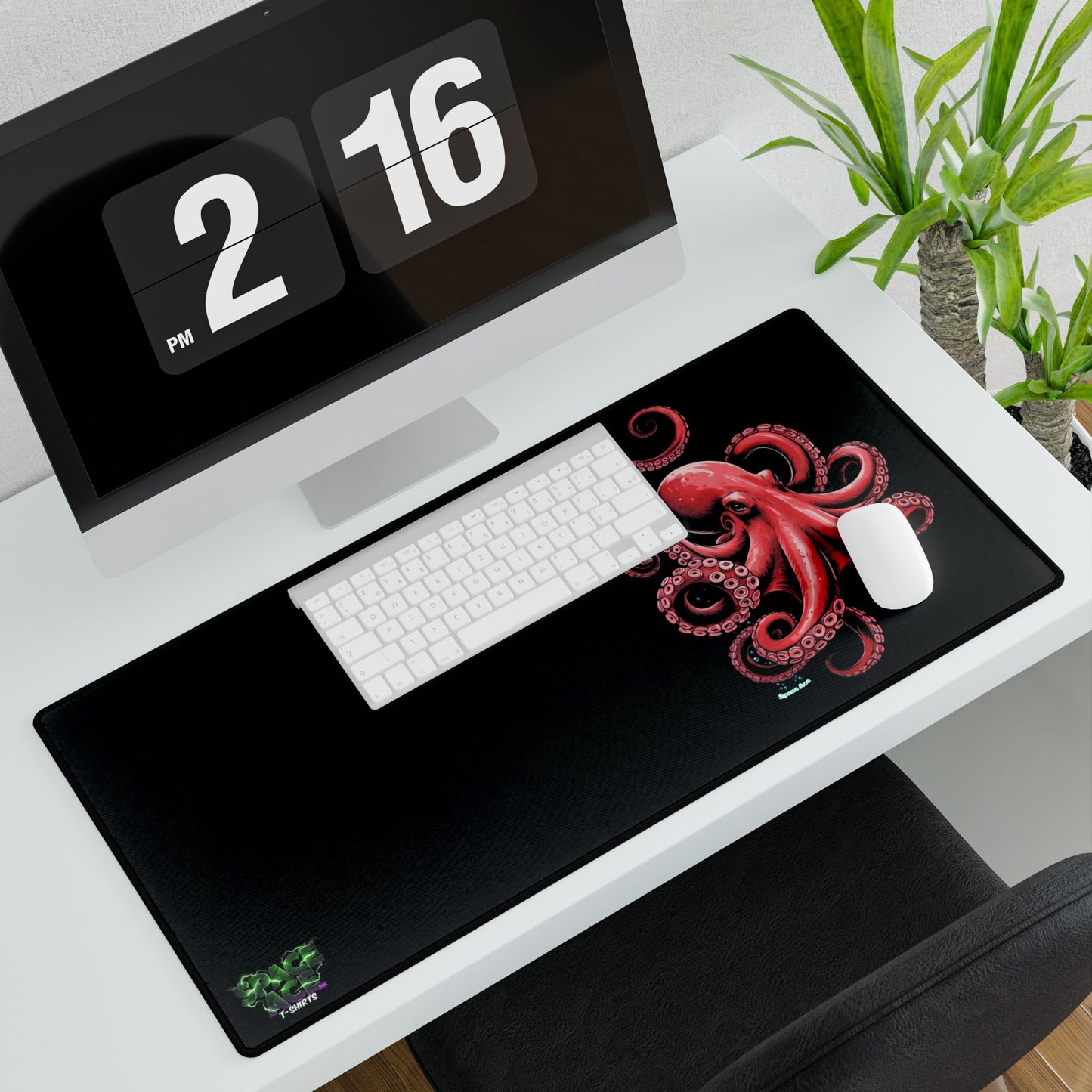 Red Octopus Illustration Desk Mat - Black Gaming Mousepad