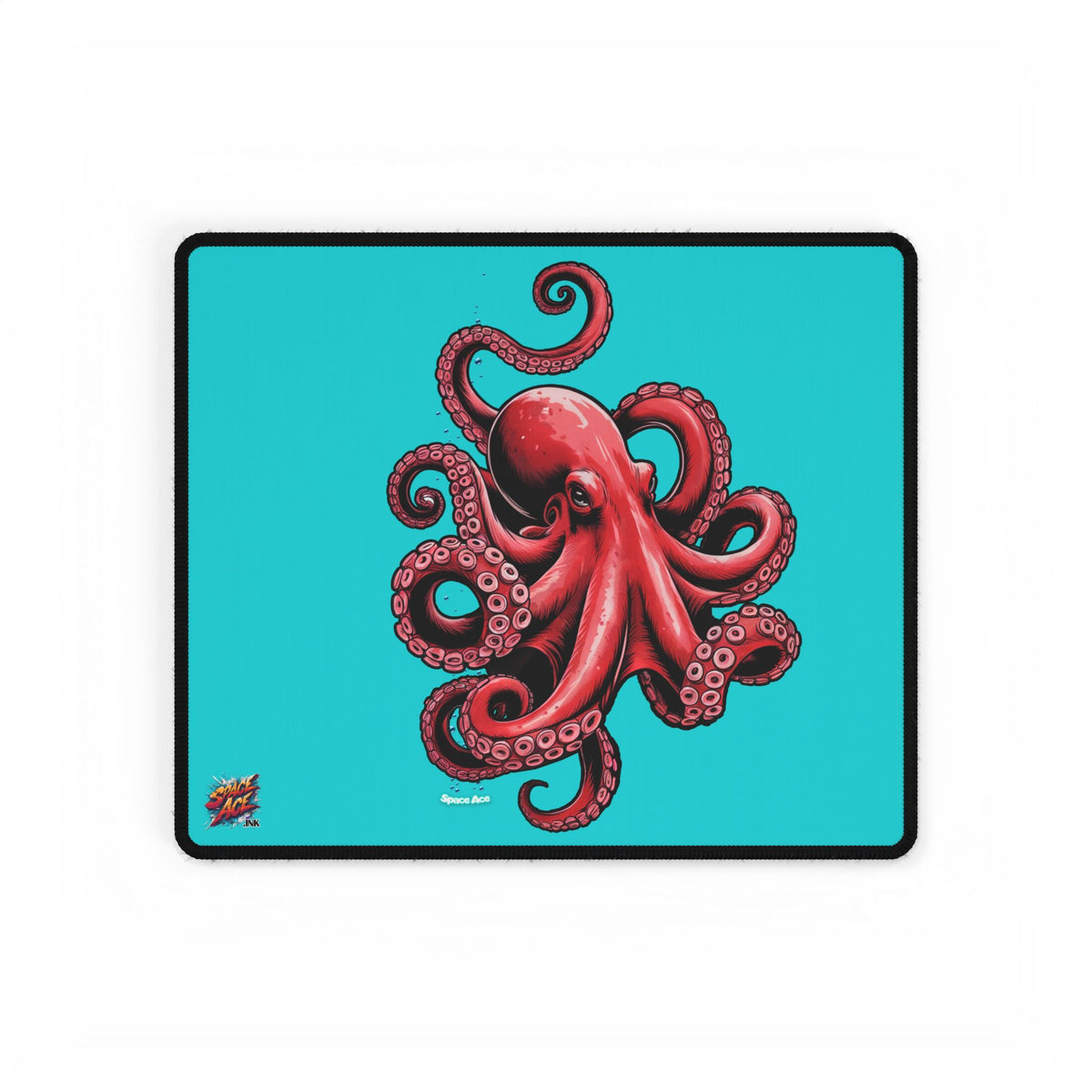Red Octopus Illustration Desk Mat - Black Gaming Mousepad