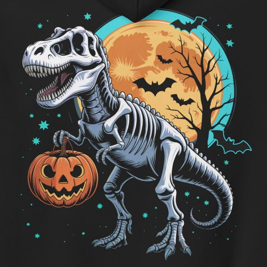 Skeleton T-Rex Halloween Hoodie — Dino Jack-O'-Lantern Pullover