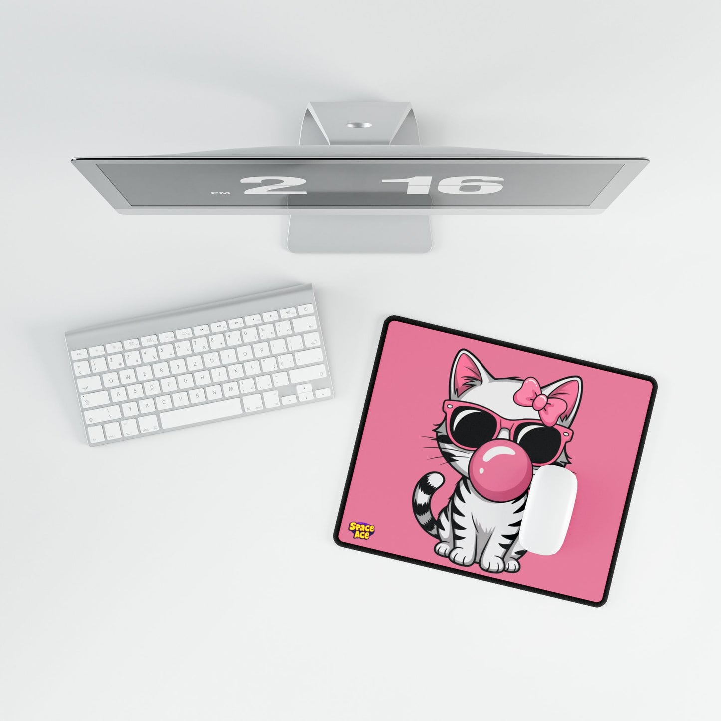 Bubblegum Cat Desk Mat - Pink Cat with Sunglasses Mouse Pad
