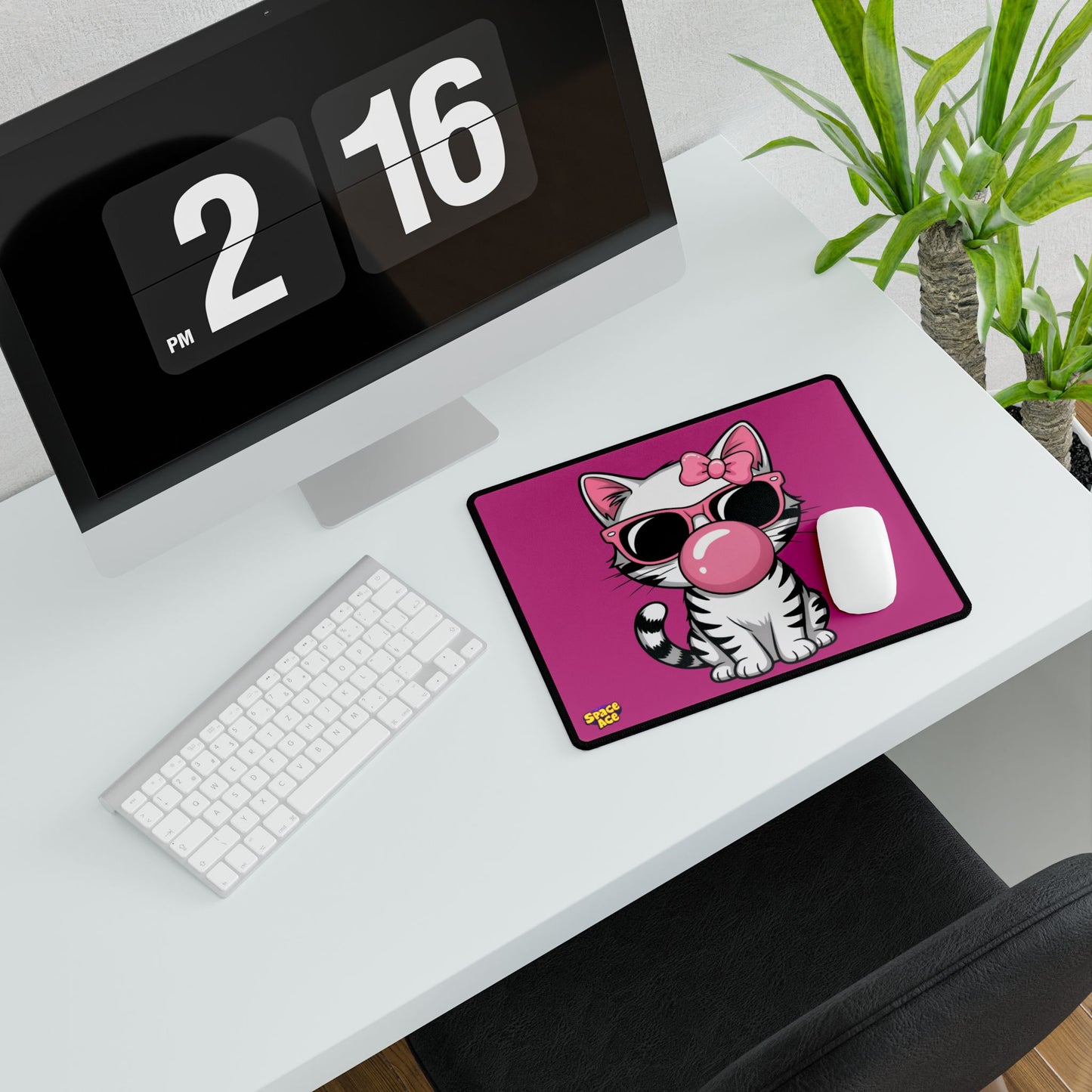Bubblegum Cat Desk Mat - Pink Cat with Sunglasses Mouse Pad