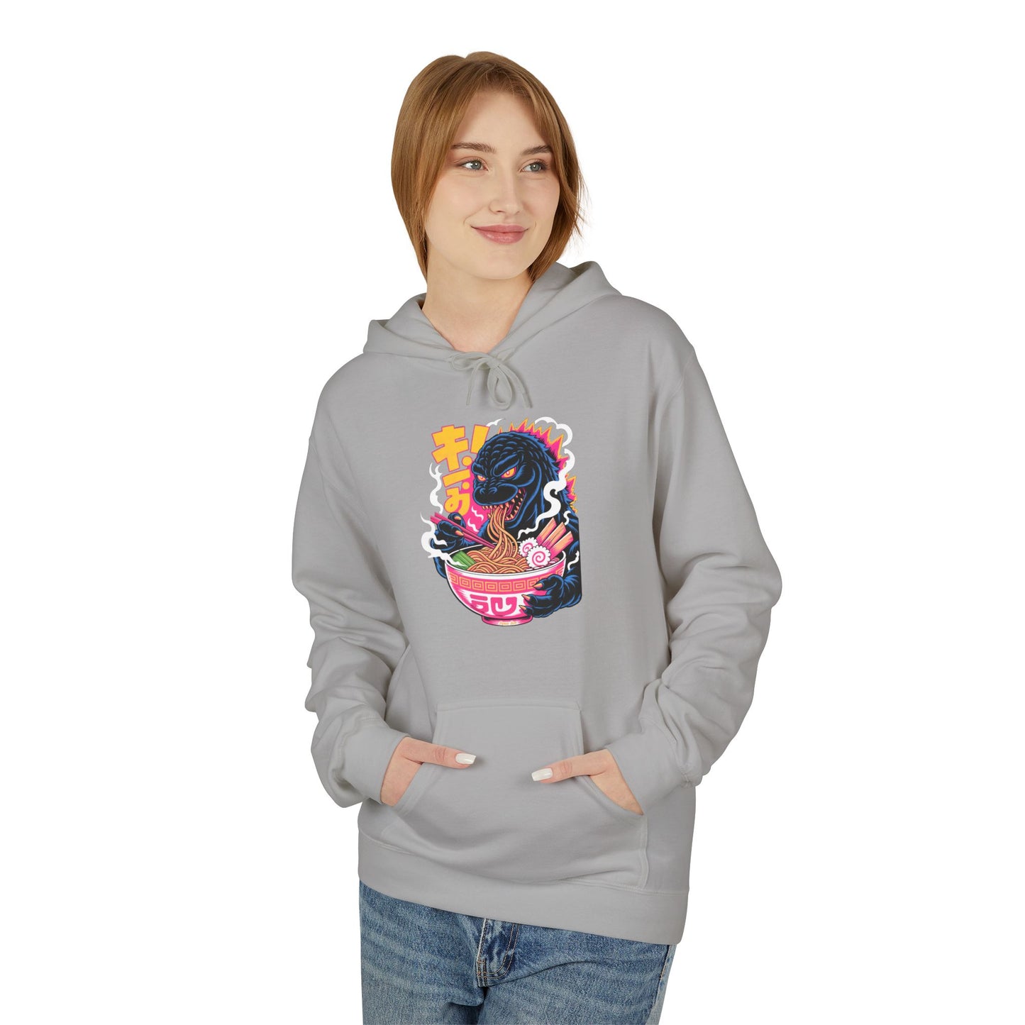Kaiju Ramen Lover Hoodie — Neon Godzilla Eating Ramen Streetwear