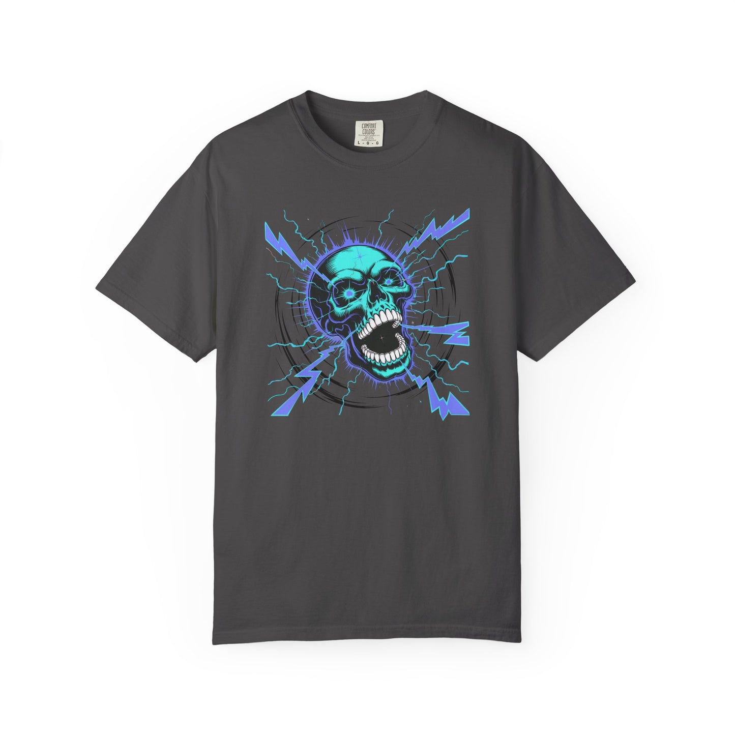 Electric Skull BLUE, Garment-Dyed Graphic Tee for Music Lovers, Halloween, Festival Wear