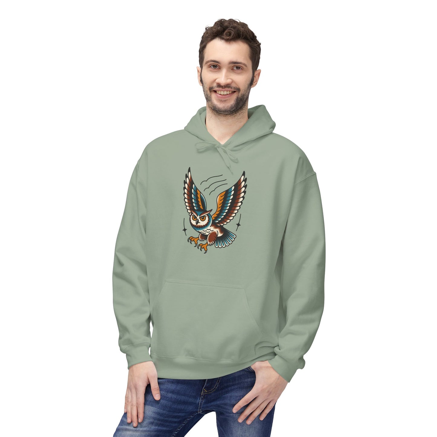 Owl Tattoo Hoodie — Vintage Flying Owl Graphic Pullover